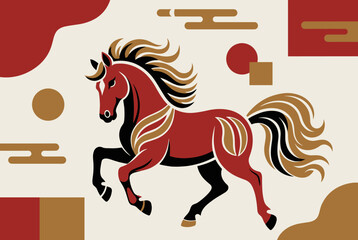 Stylized red horse with golden mane and tail in a dynamic pose, set against an abstract background with traditional Asian motifs.