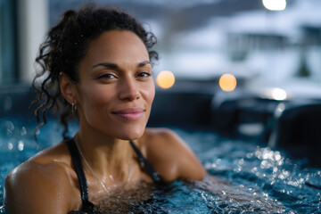 A captivating portrait of a woman smiling contentedly while relaxing in a hot tub, showcasing her confidence and enjoyment of life's simple pleasures amidst a snowy environment.