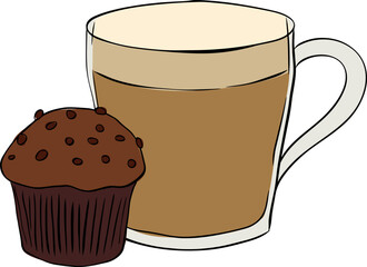Coffee and Muffin Icon, Breakfast Concept composition hand drawn illustration. Vector graphic line ink colored art. For poster, invitation, backdrop, ad, sale promotion, print for t-shirt
