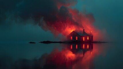 Fototapeta premium Cinematic concept art of a red house engulfed in dramatic flames surrounded by dark water with contrasting teal and orange lighting effects.