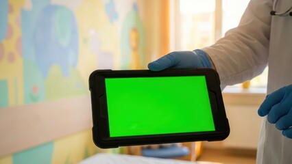 Doctor Offering Tablet Green Screen Mockup to Patient in Pediatric Clinic