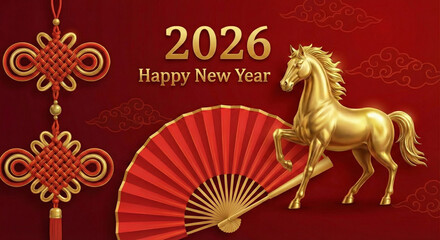 2026 Lunar New Year Greeting Card Design, Golden Zodiac Horse with Traditional Asian Fan and Ornaments, Wealth and Prosperity Concept