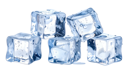 Close-up of five clear, glistening ice cubes with a slight blueish tint, resting on a transparent background