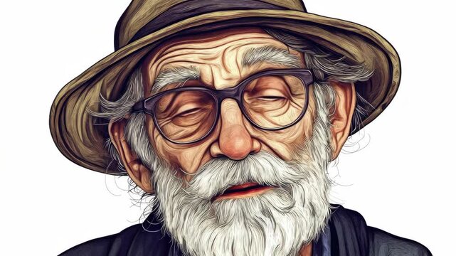 High-quality showing an elderly man with white hair, wearing glasses and a hat. His expression is contemplative, looking slightly to the side. The portrays wisdom and experience.