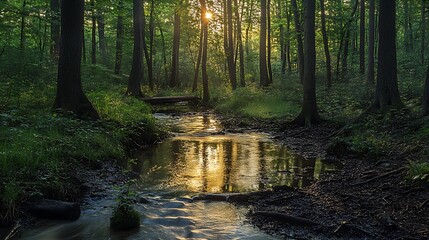 Fototapeta premium Sunlight streams through lush forest over tranquil water stream scene