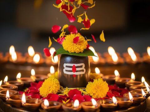 A beautiful devotional scene of shivling puja ceremony with diyas and flower petals falling