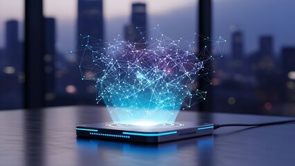 Futuristic holographic interface displaying a complex network of data connections and nodes on a modern tabletop