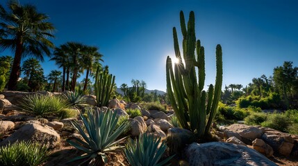 Fototapeta premium Tall majestic San Pedro cacti growing in a botanical desert garden with sunlight hitting ridges, surrounded by low-lying agave and greenery.