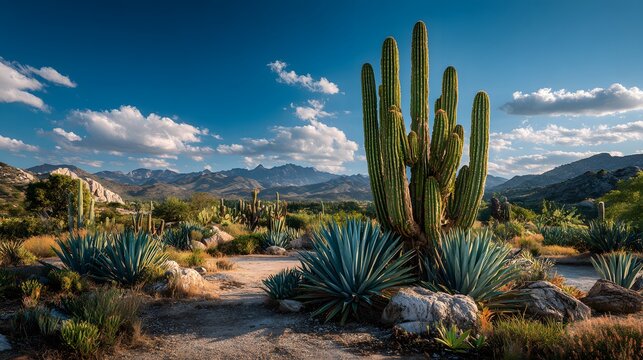 Tall majestic San Pedro cacti growing in a botanical desert garden with sunlight hitting ridges, surrounded by low-lying agave and greenery.
