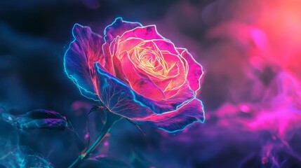 Vibrant, neon rose blooms, its petals outlined in glowing light, against a smoky, colorful backdrop
