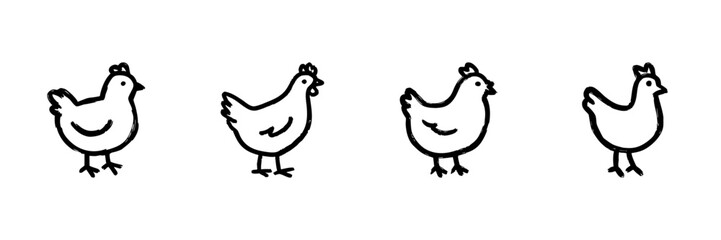 Fototapeta premium Four Chicken Line Icons In Doodle Style. Farm Animal, Poultry, And Agriculture Symbol Outline Sketch Collection. Rustic And Whimsical Design. Hand Drawn Isolated Vector Illustration