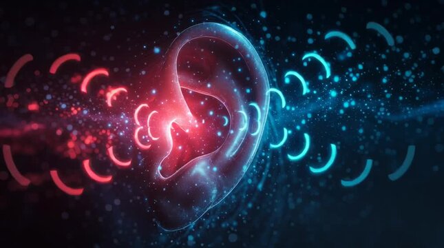 Abstract human ear glows with neon red and blue lights. Sound waves particles flow into the auditory canal representing reception of audio information. Futuristic tech concept for hearing and sound