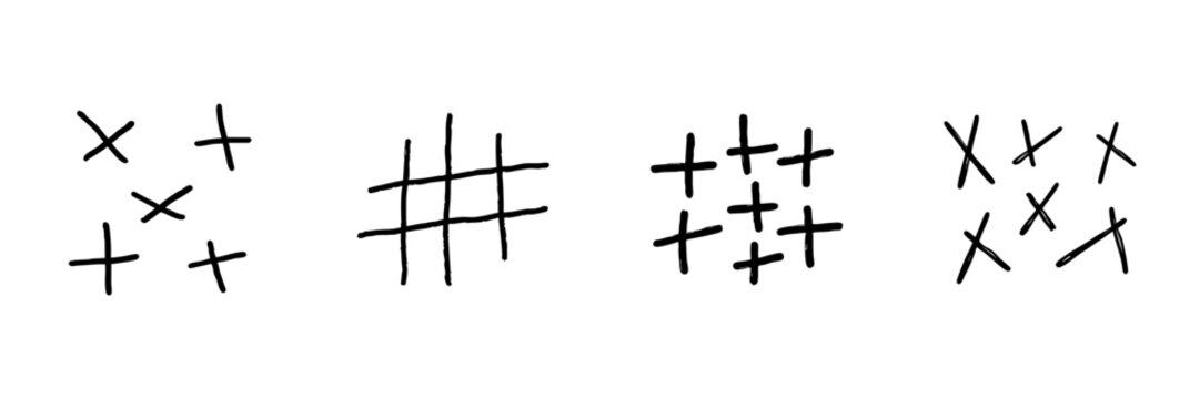 Cross And Hash Line Icon Set In Doodle Style. Symbolic Representation Of Marks, Tally, And Counting Outline Sketch Collection. Hand Drawn Isolated Vector Illustration