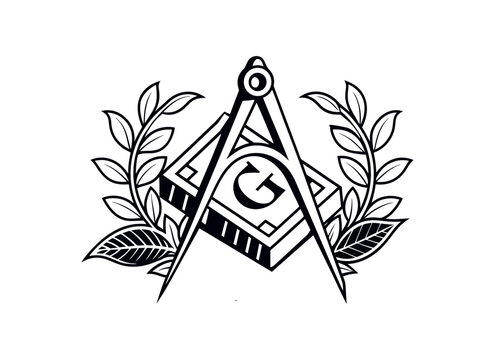 Masonic Square and Compasses Symbol with Letter G, Holy Book, and Laurel Wreath Vector Illustration