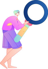 Vector illustration of a person holding a magnifying glass searching, studying, and observing.
