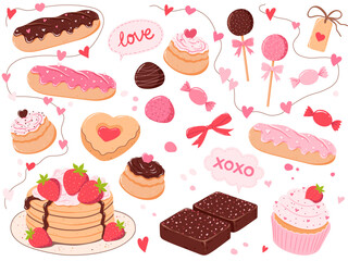 Valentine&rsquo;s Day Cute Desserts and Sweets. Vector Flat Illustration Set