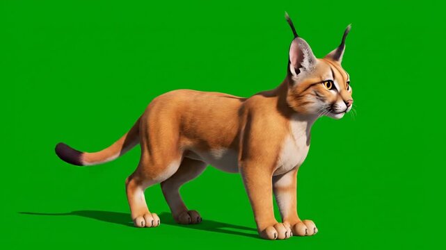A majestic 3D rendered caracal wildcat stands alert on a greenscreen background, ready for compositing into various visual projects