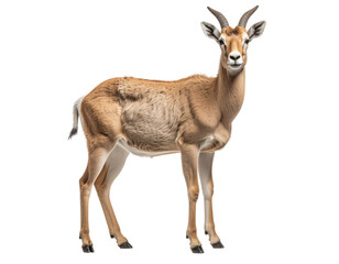 Fototapeta premium Grazing gazelle with tan smooth fur and slender legs standing alertly in white studio background