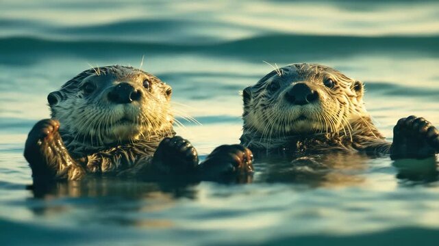 Close-up of two sea otters swimming together in the ocean.