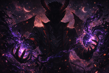  紫の魔力を操る魔王のシルエット