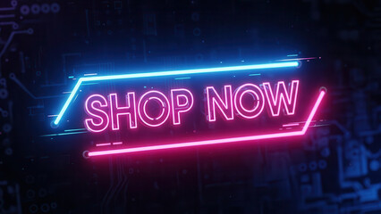 Shop Now Neon Sign with Pink and Blue Glowing Text on Dark Circuit Board isolated PNG with Transparent Background