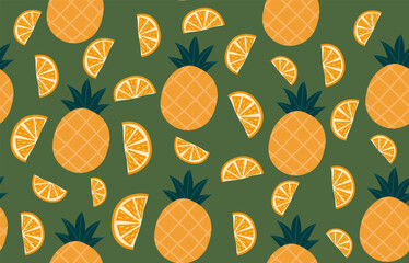 Tropical Pineapple and Orange Slice Seamless Pattern on Green Background
