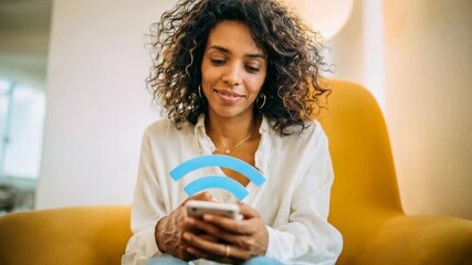 Smiling woman sitting on a sofa and using smartphone with wireless connection symbol representing comfort modern communication home internet lifestyle and relaxed digital everyday routine - Powered by Adobe