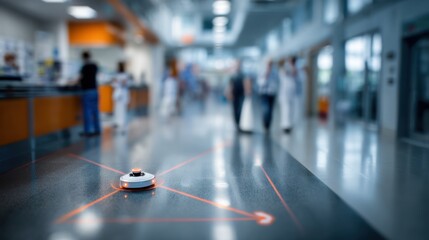 Focus on a robot pausing by a mapped junction point in a hospital delivering pharmaceuticals during peak hours while the surrounding busy indoor environment remains out of focus.