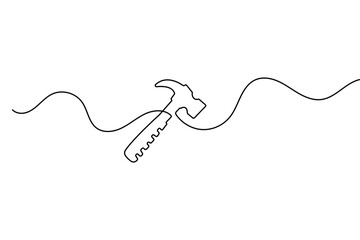 Obraz premium Single line drawing of a hammer tool icon in minimalist style for construction and repair design
