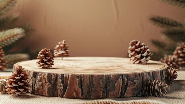 A festive pinecone decoration arranged on a cot log table centerpiece.