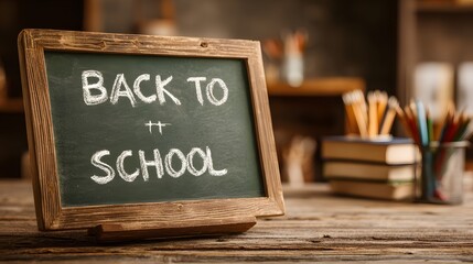 Green chalkboard with the words BACK TO SCHOOL written in white chalk against a classroom background with books and art supplies out of focus.