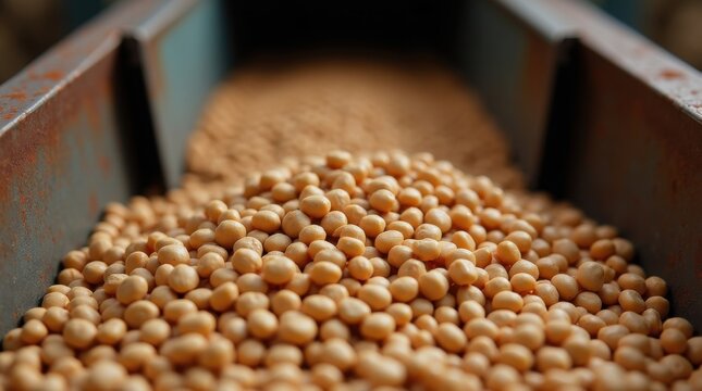Primer plano detallado de la soja a granel que cae de un conducto de metal, resaltando la textura, el color y los patrones agr&iacute;colas naturales