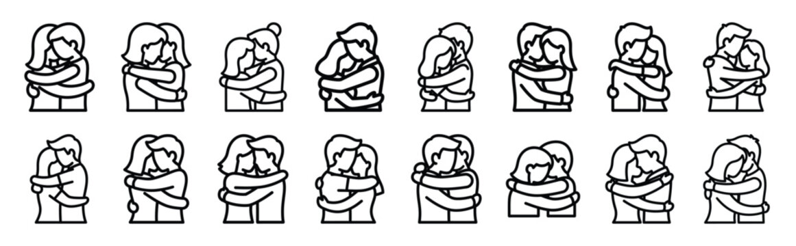 valentines day romantic couple hug line art icon set. Simple outline collection for valentines day.