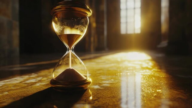 A gold colored hourglass with sand in it. The sand is almost gone. The hourglass is on a floor