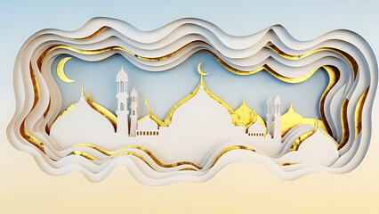 Golden Crescent Mosques in Paper Art, Cultural Showcase, Serene Environment, Artistic Viewpoint
