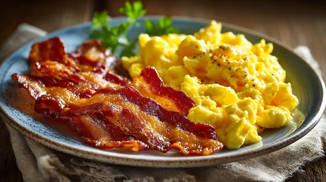 Hearty breakfast plate featuring crispy bacon strips and fluffy scrambled eggs with warm morning light highlighting the textures and colors.