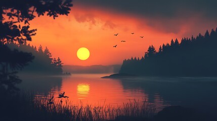 Obraz premium Sunset over lake landscape with silhouettes of trees and birds in orange sky