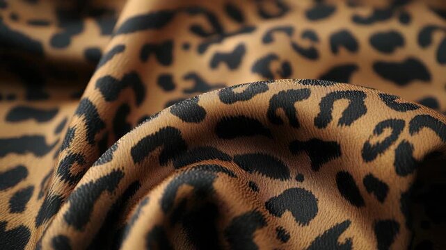 Leopard print fabric in motion with detailed texture and pattern visible on both sides of the fold.