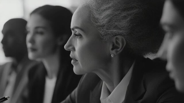 A determined female executive presenting ideas in a professional setting. She is focused on her colleagues as she speaks with authority.