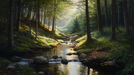 Obraz premium Tranquil forest scene river flowing through lush green landscape
