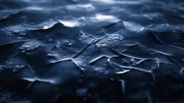 A detailed view of frozen water with intricate patterns and bubbles