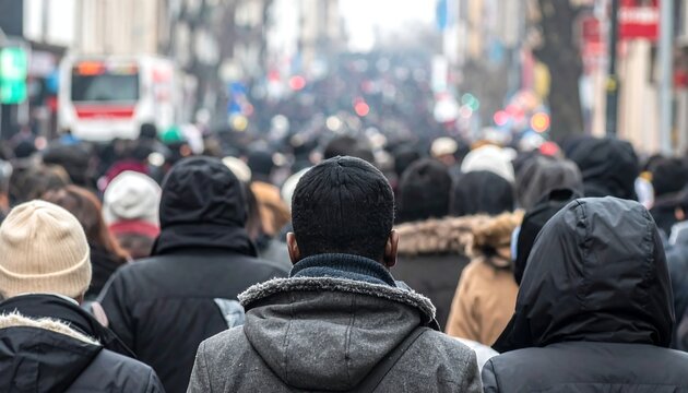 都市の通りを埋め尽くす人々の流れが現代社会の密集と匿名性を映し出す情景
