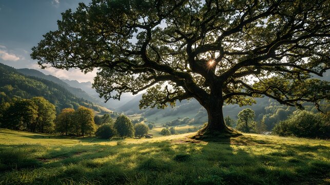 Massive ancient oak tree standing alone in a green meadow with sunbeams filtering through the branches and lush grass in a peaceful landscape.