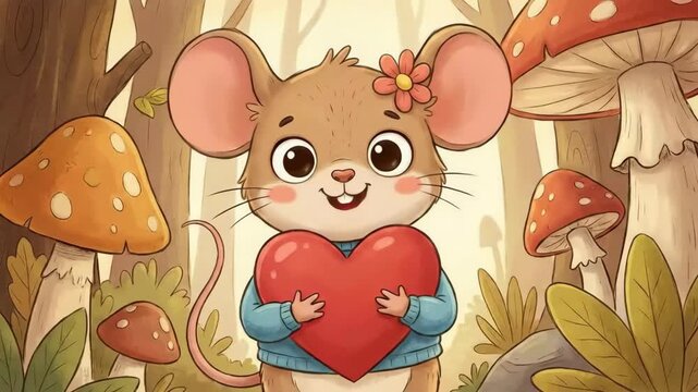 Cute Cartoon Mouse Holding Red Heart in Mushroom Forest 2D Animation