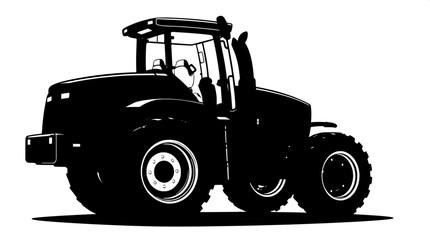 Side view of a heavy-duty farm tractor illustration in a technical style, featuring solid black shapes with clean lines and high contrast, created in vector art with precise details, showcasing the ve