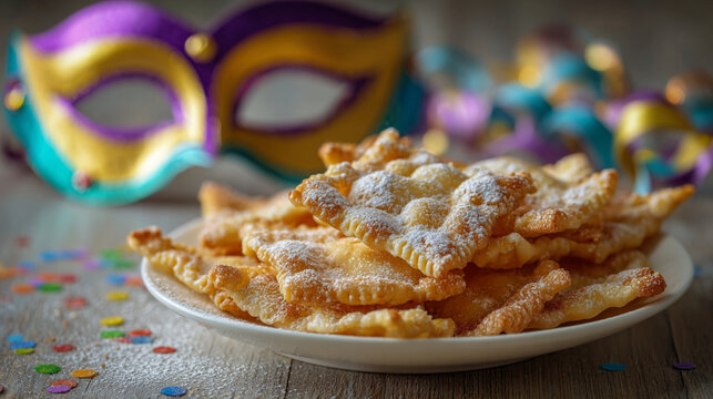 Traditional Italian Carnival Fried Pastries (Chiacchiere) with Masks and Confetti