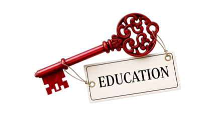 Red key with education sign isolated on transparent background