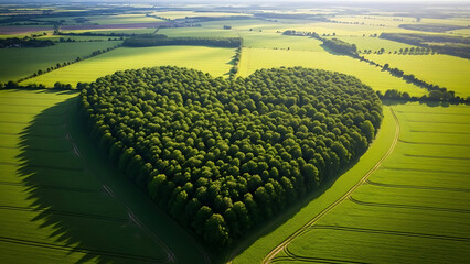 Nature Landscape, Heart-Shaped Forest, Aerial View, Green Environment, Serenity Concept
