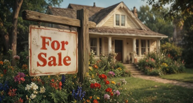 charming vintage home with a "for sale" sign surrounded by colorful wildflowers in a lush garden. - Powered by Adobe