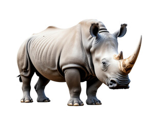 Fototapeta premium Rhino with textured gray skin and prominent curved horn standing